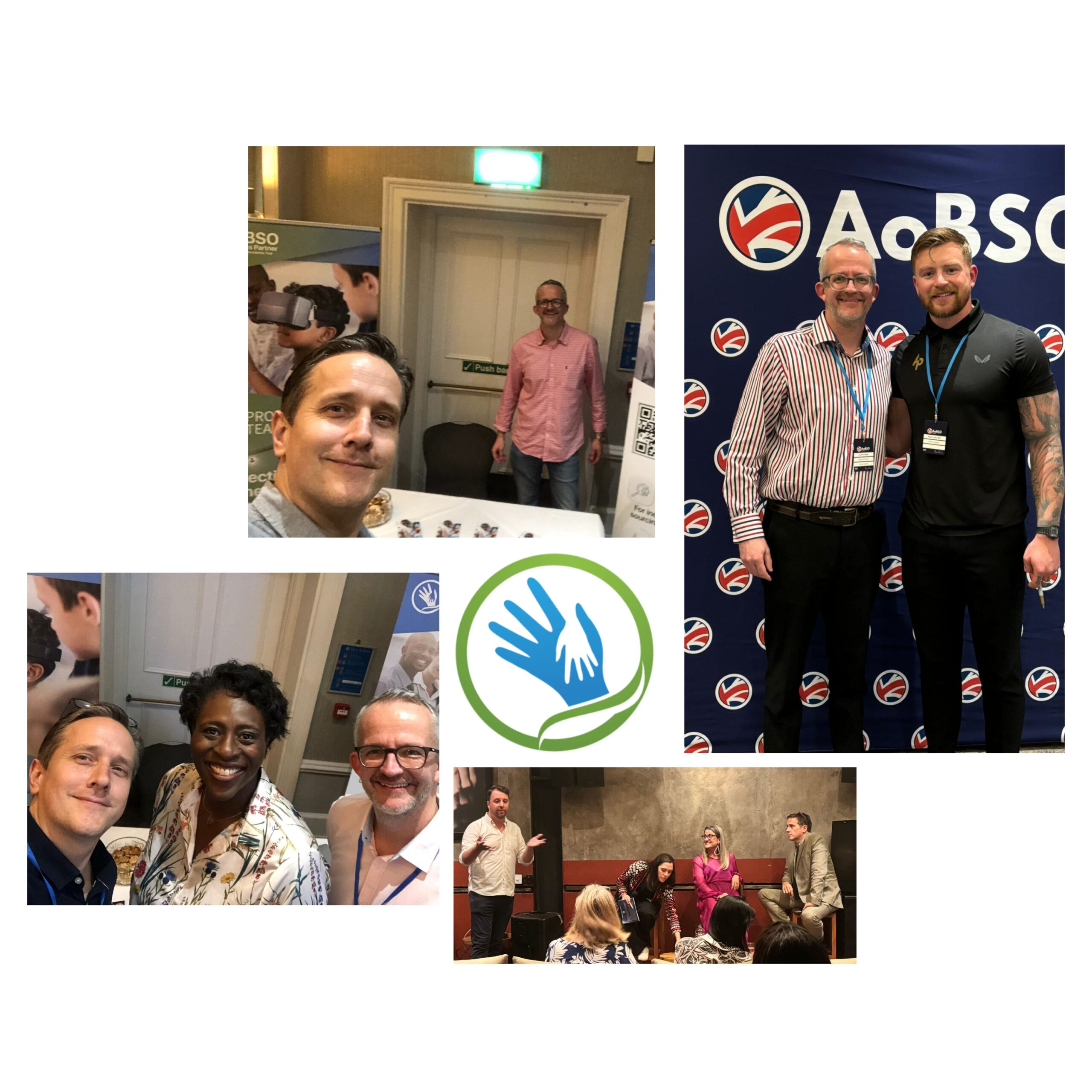 Collage of people smiling and posing together at different events.